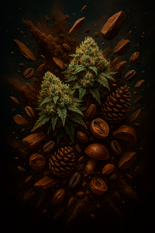 Genéticas terrosas con profundos aromas, ilustración de bosque y madera